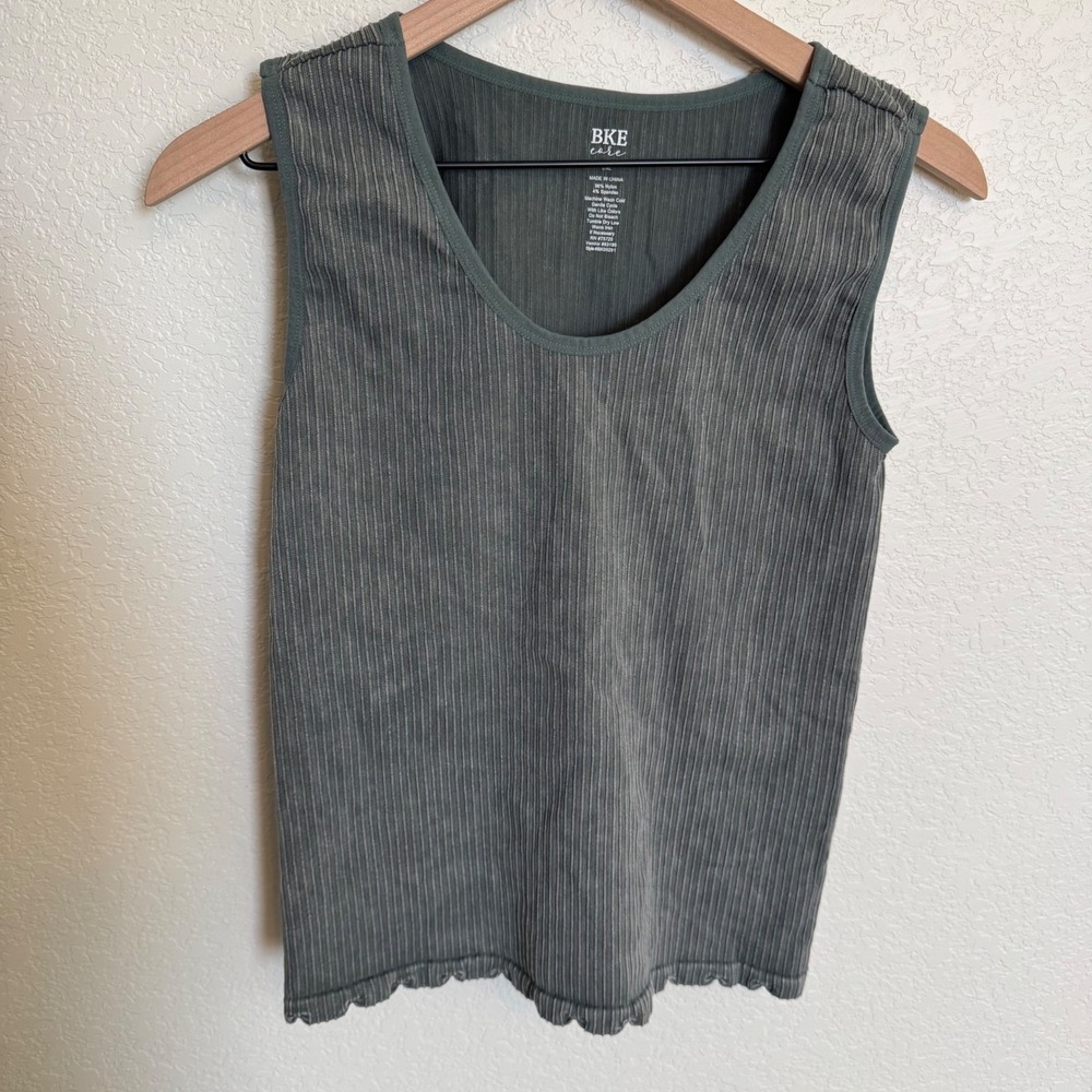 Western Boho Ribbed Mineral Wash BKE Buckle Layering Tank L/XL Green